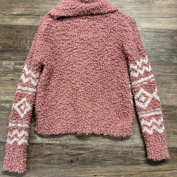 Hippie Rose Pink Cowl Neck Sweater with Plush Texture and Geometric Patterns - Picture 2 of 4